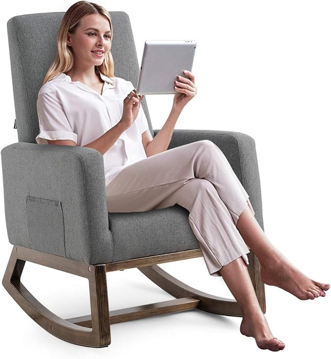 Giantex Rocking Chair Upholstered Living Room Chair with Padded Back and Seat Wood Base Rocking Chair for Nursery Home Office &amp School Use (Gray)