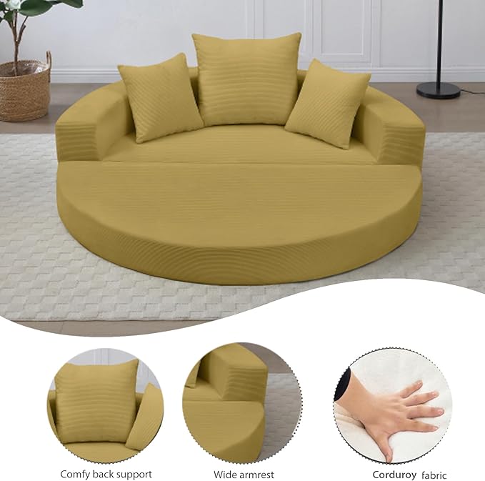 67 Round Convertible Folding Sofa Bed Boneless Couch Loveseat Floor Sleeper Chaise Lounge for Living Room Apartment Dorm Small Spaces Yellow