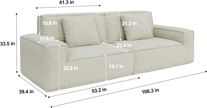 106 Cloud Sectional Couch with Deep Seat No Assembly Required Modern Upholstered Boneless Couches with 2 Pillows Full Sponge Compressed Sofa for Living Room/Apartment (Beige)