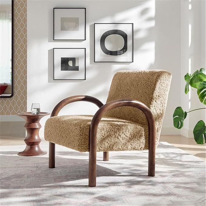 MAKLAINE Contemporary Faux Shearling Accent Armchair Sand Upholstery Solid Wood Frame Arched Armrests High Resiliency Foam Cushion Modern Design for Living Room or Bedroom
