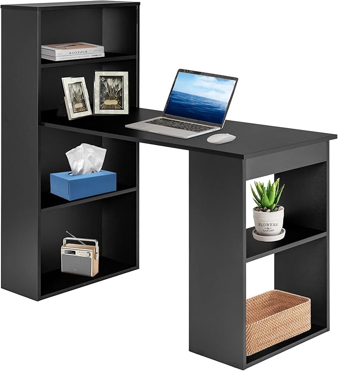 Computer Desk with Bookcase 48” Modern Writing Table Desk with Storage Shelves and CPU Stand Reversible Study Workstation for Home Office Bedroom (Black)