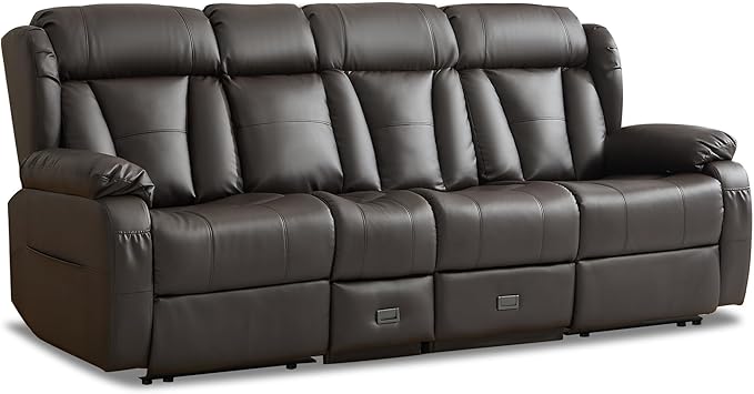 AHMED 3-Seat Manual Reclining Sofa Faux Leather Recliner Couch with Flip-Down Console Home Theater Seating with Cup Holders USB Ports &amp AC Outlet Storage Drawer for Living Room/RV Dark Brown