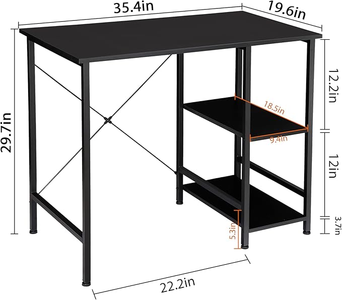 Home Office Desk Study Writing Computer Desk with 2 Storage Shelves Small Industrial Modern Simple Style Laptop Table for Home Office Study Bedroom Gaming (36 Inch Black)