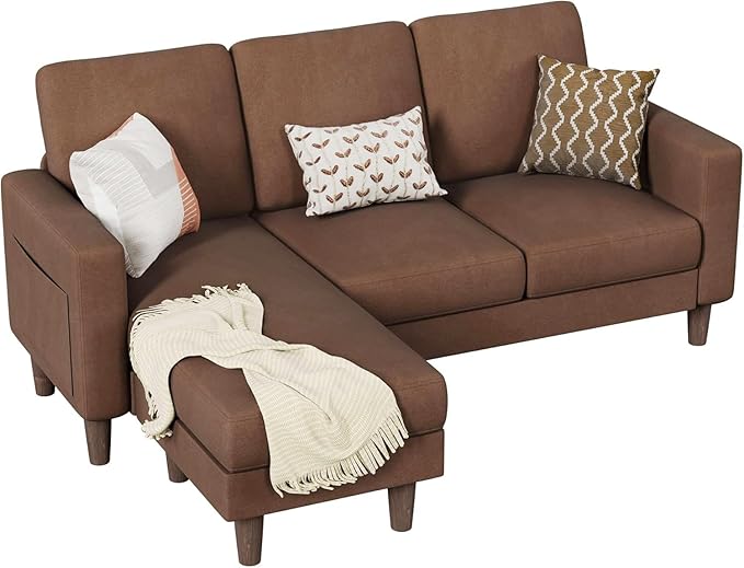 Homall Convertible Sectional Sofa 3 Seat L Shaped Couch with Side Storage Pocket Sofas with Movable Ottoman Small Linen Couches for Living Room &amp Apartment (Linen Fabric Brown)