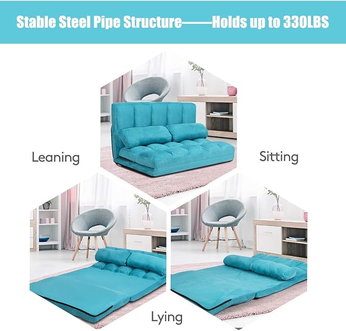 Giantex Adjustable Floor Sofa Foldable Lazy Sofa Sleeper Bed 6-Position Adjustable Suede Cloth Cover Floor Gaming Sofa Couch with 2 Pillows for Bedroom/Living Room/Balcony (Blue)