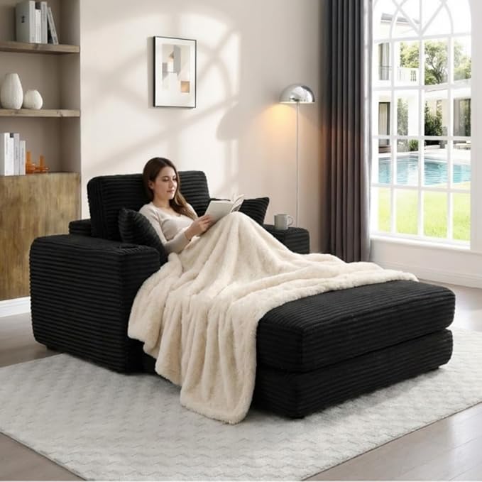 KEIKI 52.4 Oversized Boneless Chaise Lounge Chair with Ottoman Modular 3-in-1 Sofa Bed for Reading Sleeper Couch Chairs for Living Room Black