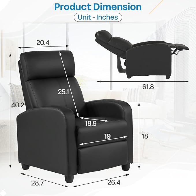 Recliner Chair Living Room Chair PU Leather Reclining Sofa Lounge Home Theater Seating with Lumbar Support Overstuffed High-Density Sponge Push Back Recliners Armchair for Living RoomBlack