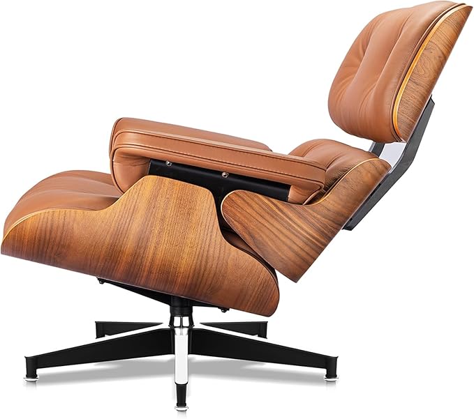 Mid Century Chaise Lounge Chair and Ottoman Reading Chair Leather Accent Chair Modern Chair Classic Design Heavy Duty Base Support for Living Room (Walnut-Brown Upgraded)