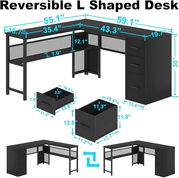 LVB Black L Shaped Desk Reversible Computer Office Desk with Drawers Modern Large L Shape Gaming Desk Table with File Cabinets Wood Executive Corner Desk with Storage Shelf for Bedroom 59 Inch