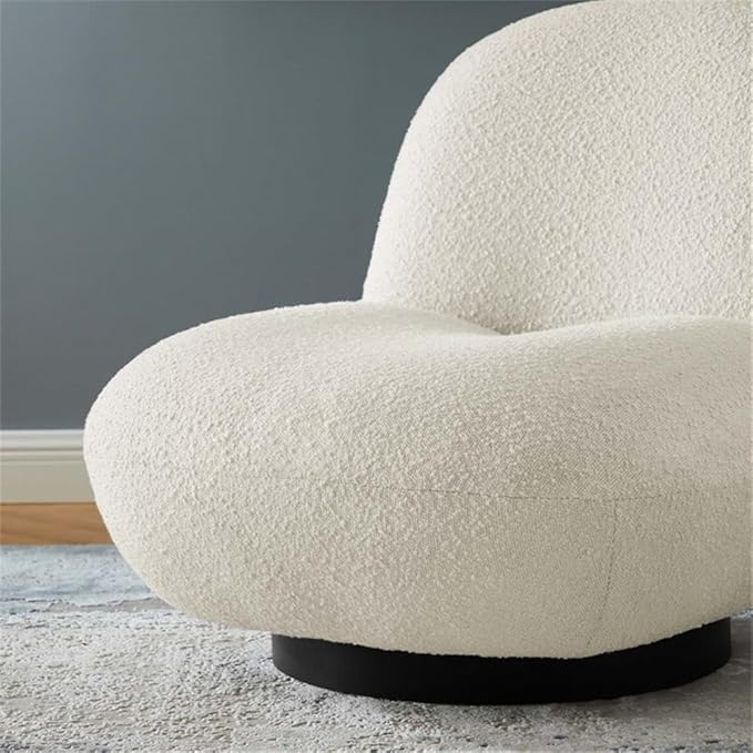 Pemberly Row Modern Boucle Fabric Swivel Accent Chair Ivory and Black Finish 30 H x 31 W x 36 D Foam Padding and Webbed Support Matte Black Iron Base Living Room or Office Seating
