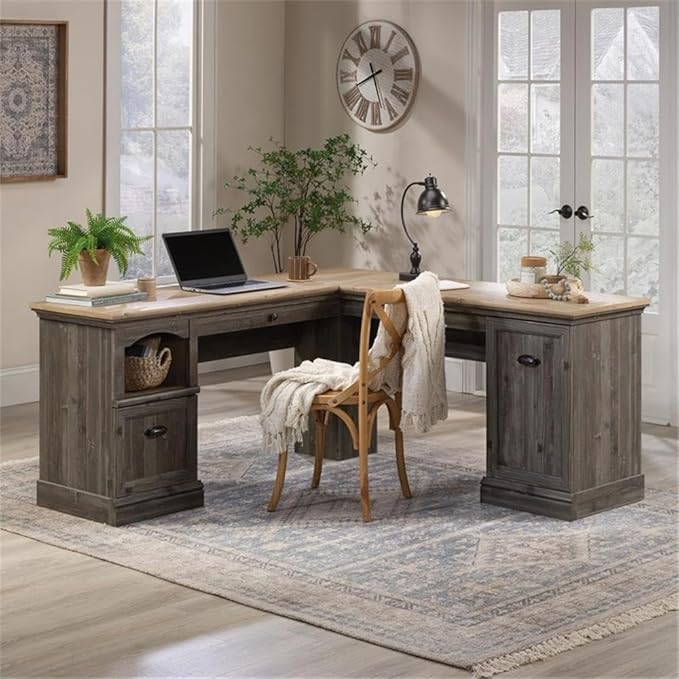 Sauder Sonnet Springs Engineered Wood L-Shaped Desk in Pebble Pine