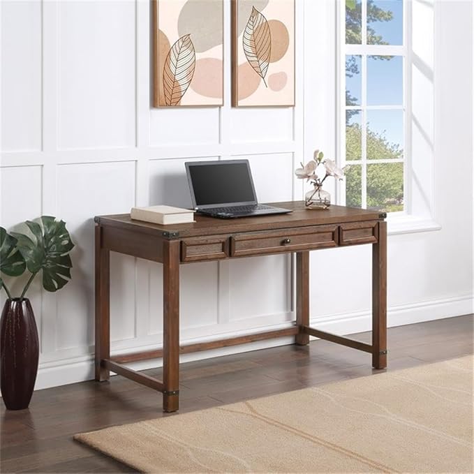 Pemberly Row Sit-to-Stand Lift Desk Brushed Walnut Brown Finish Solid Wood and Veneer 48 W x 24 D x 30.25 H Adjustable Height Classic Wire Brushed Texture Full Post Construction Home Office