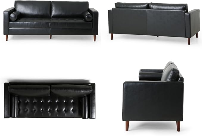 Merax Upholstered PU Sofa Classic 3 Seater Leather Couch with Wooden Legs for Living Room Bedroom Officee Black