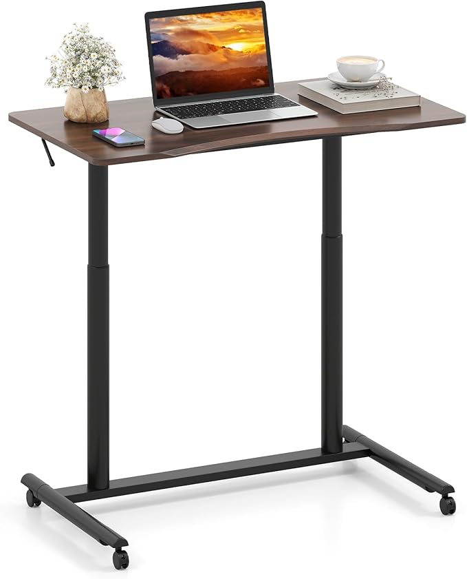 DORTALA Ergonomic Sit Stand Desk Adjustable Desk on Wheels Mobile Bedside Computer Desk w/Lockable Casters Sturdy Steel Frame for Living Room Bedroom Office Brown