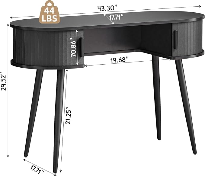 AVZEAR 43 Oval Fluted Home Office Desk Small Computer Desk Mid Century Modern Vanity Table with Sliding Tambour Door Wooden Writing Study Desk for Small Spaces Bedroom Office(Black)