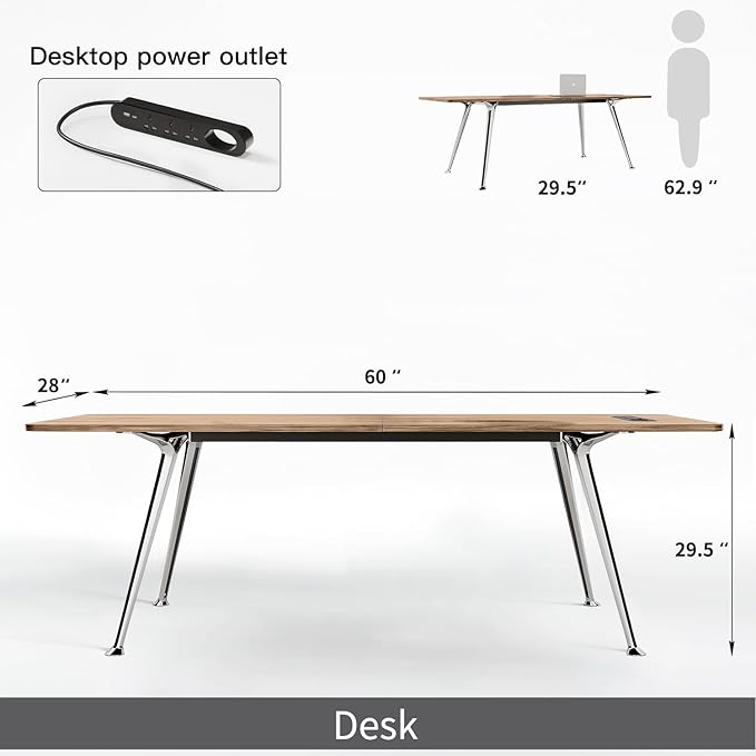 Writing Computer Desk 60-Inch Large Executive Desk Office Workstation with Chrome-Plated Legs and Built-in Power Outlet Writing Table Business Furniture Modern Minimalist Style for Home Office