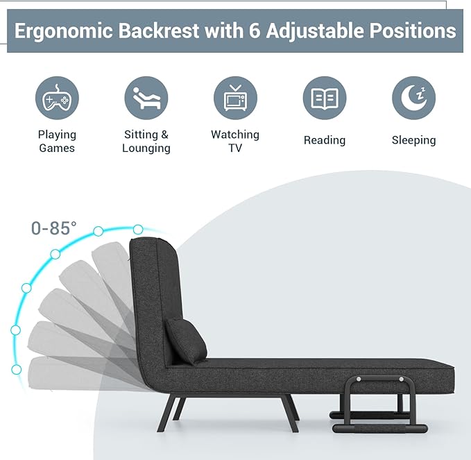POWERSTONE Convertible Sleeper Chair Bed 4 in 1 Living Room Reading Chair with Pillow Wide Cushion Arm and Adjustable 5 Position Backrest Single Sofa Bed Dark Grey