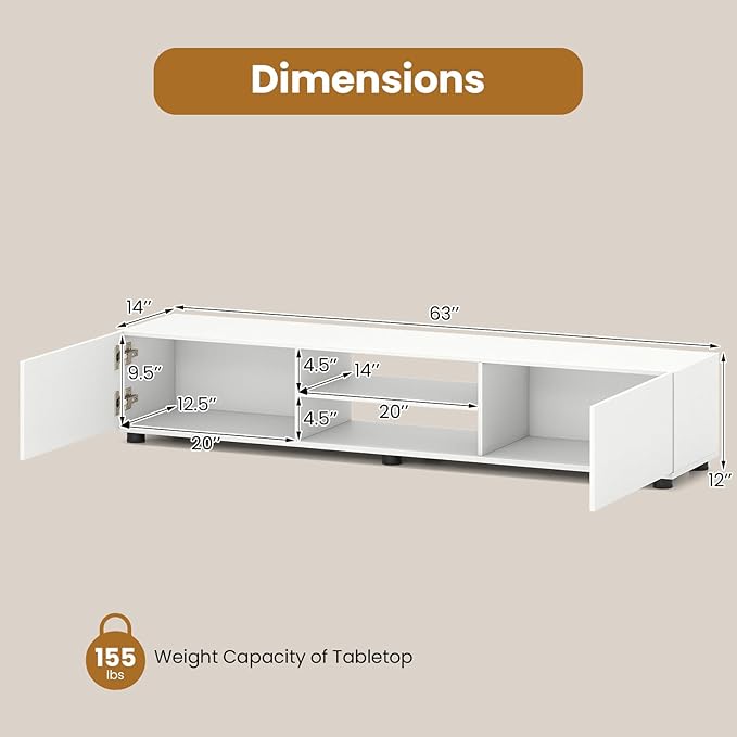 Tangkula Modern TV Stand for up to 70” TVs 63”L Minimalist Entertainment Center w/ 2 Doors &amp Open Shelves Media Console Table Storage Cabinet with 6 Support Feet for Living Room (White 63”L)