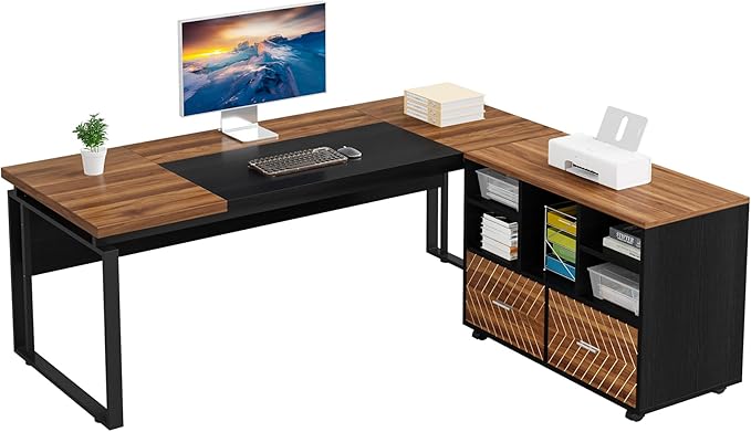 LITTLE TREE 63 L-Shaped Executive Office Desk with File Cabinet Combo Large Modern Office Desk for Home Office Reversible 2-Drawer Wood File Cabinet for A4/Letter Size Files(Brown &amp Black)