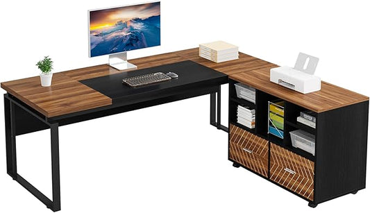 LITTLE TREE 63 L-Shaped Executive Office Desk with File Cabinet Combo Large Modern Office Desk for Home Office Reversible 2-Drawer Wood File Cabinet for A4/Letter Size Files(Brown &amp Black)