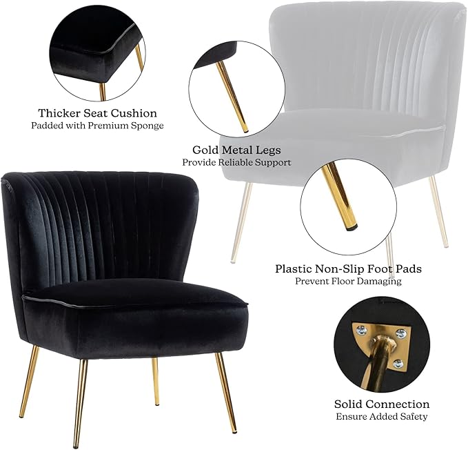 HULALA HOME Velvet Accent Chair Modern Upholstered Cute Side Chair with Gold Metal Legs Armless Wingback Slipper Chair Comfy Living Room Chair for Bedroom Guest Room VanityBlack