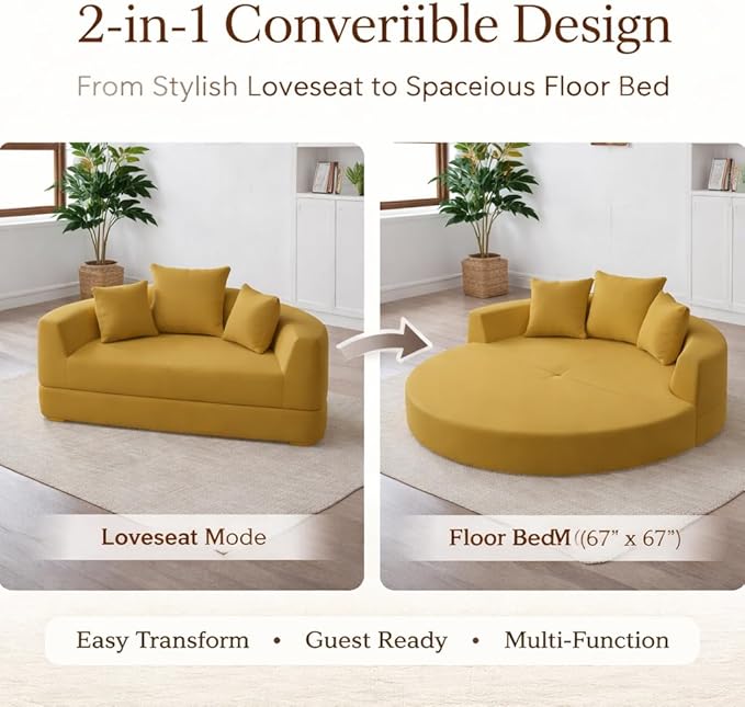 Convertible Round Sofa Bed 67 Corduroy Upholstered Loveseat Sleeper Couch Pull-Out Floor Bed with 3 Pillows No Assembly 550 lbs Weight Capacity (Yellow)