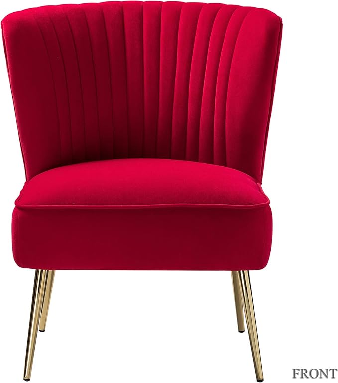 Tina's Home Velvet Armless Accent Chair Upholstered Modern Small Side Chair with Golden Legs Comfy Cute Wingback Slipper Chair for Living Room Study Beauty Room Thickly Padded(RED)
