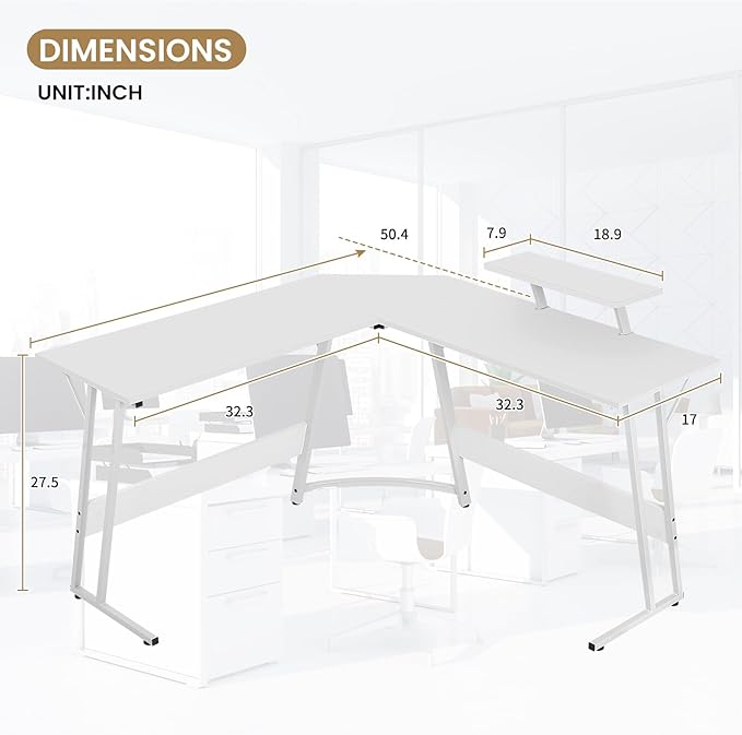 BLKMTY L Shaped Gaming Desk Computer Desk Corner Desks Wood Gaming Table PC Table with Monitor Stand for Home Office Dorm Sturdy Writing Workstation Carbon Fiber Surface 50-Inch White