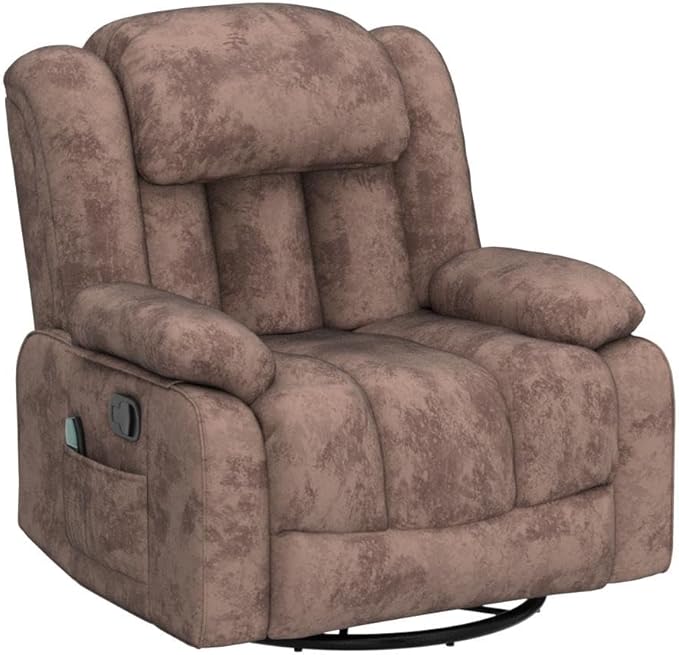 CANMOV Massage Rocker Recliner with Heat and Vibration 360 Degree Swivel Manual Antiskid Fabric Single Sofa Heavy Duty Reclining Chair for Living Room Dark Brown