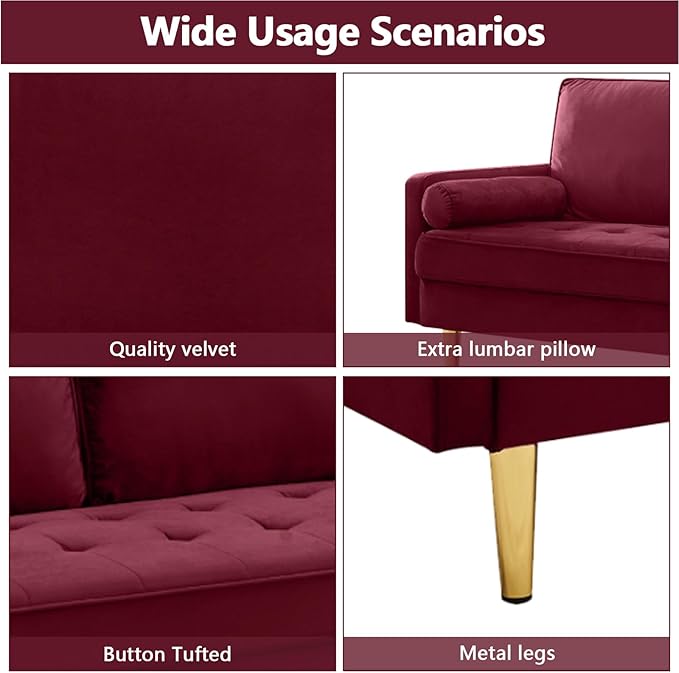 65 Love Seat Sofa Velvet Small Sofa Small Couch for Bedroom Living Room Bedroom Loveseat with 2 Pillows Gold Legs Modern Tufted Seat Upholstered Seating for Office Apartment (Red)