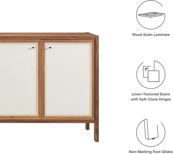 Modway Capri 65 Inch Sideboard in Walnut Large Storage Doors Entryway Console Table Mid-Century Modern Buffet Cabinet or Credenza for Living or Dining Room