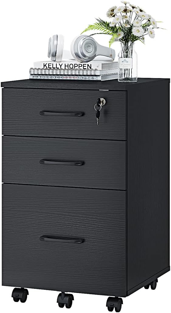 Panana 3 Drawer Wood Mobile File Cabinet Under Desk Storage Drawers Small File Cabinet for Home Office (Black)