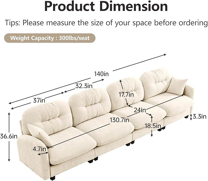 140 Oversized Modular Sectional Sofa Beige Large Sectional Couches for Living Room Chenille Fluffy Sofa Set Cloud 4 Seater Comfy Modular Couches Modern Sofas para Sala