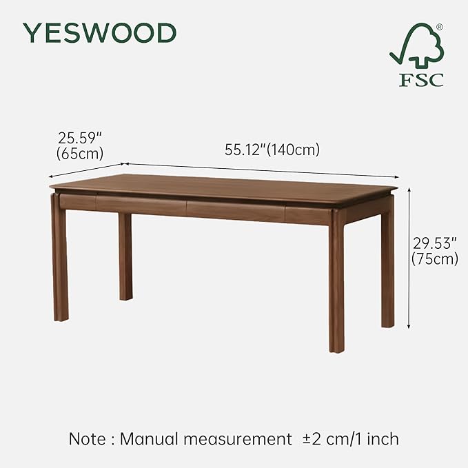 YESWOOD 100% Solid Wood Desk Mid Century Modern Walnut Color Home Office Desk Sturdy Computer Desk Writing Desk with 2 Drawers for Study Living Room 55.11 W