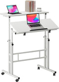sogesfurniture Mobile Standing Computer Desk for Home Office Height Adjustable Laptop Workstation on Wheels with Keyboard Tray Small Portable Rolling Writing Table Sit to Stand Riser White