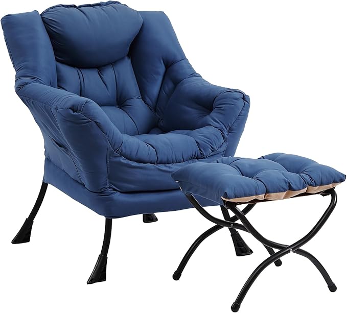 Lazy Chair with Ottoman Modern Accent Chairs with Folding Footrest Royal Blue Sofa Chair Set Comfortable Reading Chairs Oversized Armchairs for Bedroom Study Living Room Courtyard