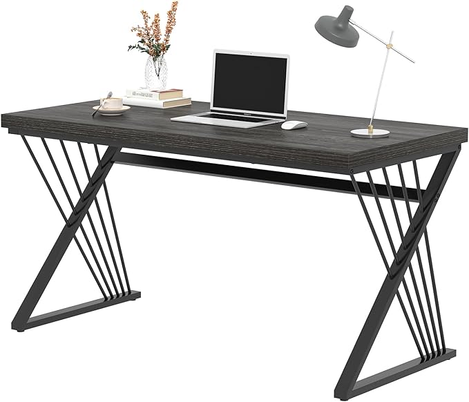 FOLUBAN Modern Home Office Desk Rustic Wood and Metal Computer Desk Writing Study Gaming Table PC Desks for Living Room Bedroom Industrial Dark Gray 53 inch