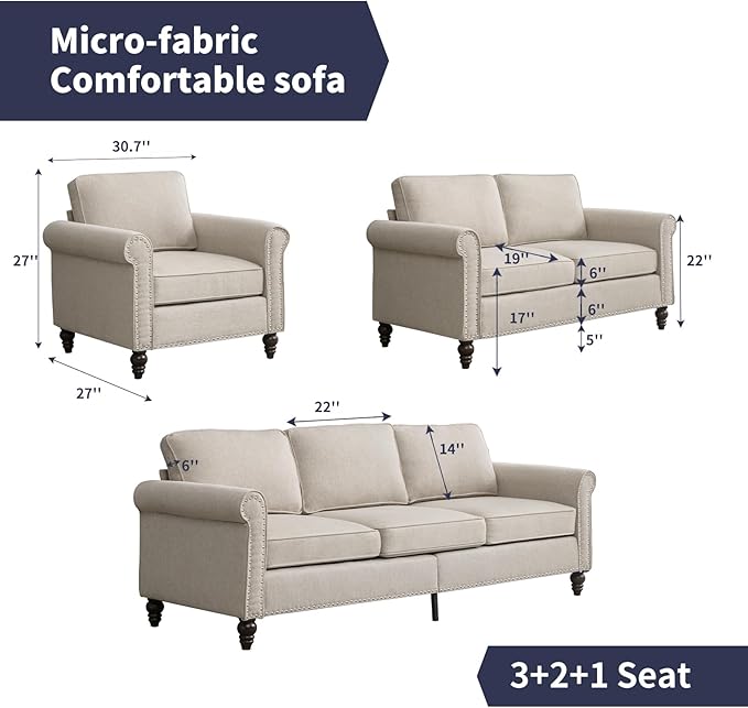 3 Pieces Living Room Sofa Couch and Loveseat Set Sectional Sofa Couch and Chair Furniture Set with Wood Frame and Gourd Shapes Wood Legs Sofas Couches for Living Room Apartment - Beige