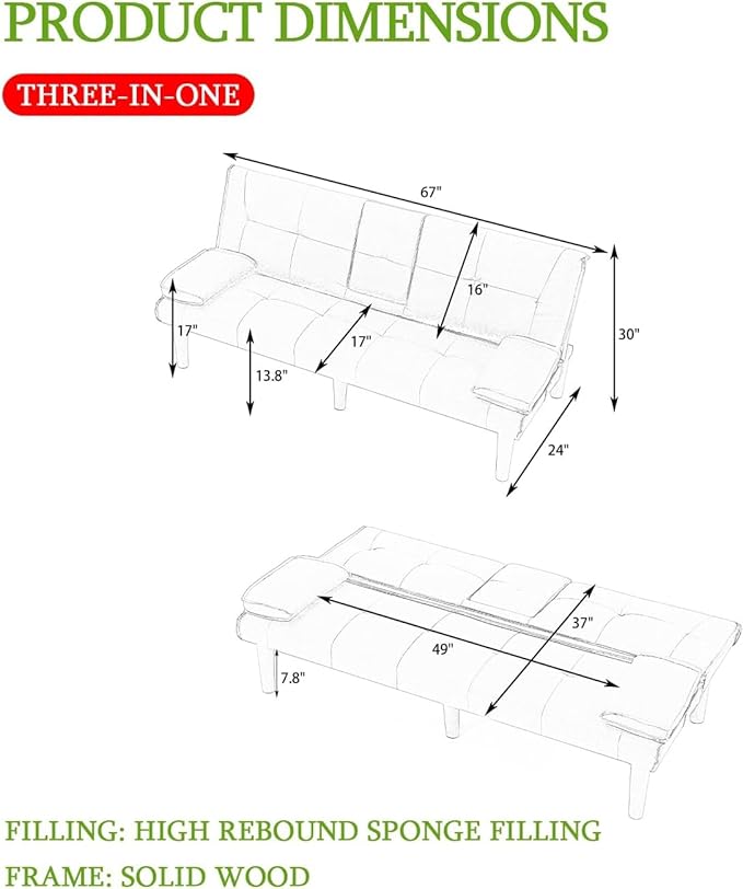 Futon Sofa Bed Modern Folding Couch for Small Space Faux Leather Convertible Loveseat Sleeper Bed Daybed Recliner Lounge Sofas for Living Room2 Cup HoldersMetal LegsRemovable Armrests (Green)