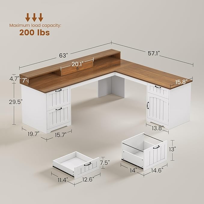 SEDETA Farmhouse L Shaped Desk with Drawers 63 Office Desk with File Drawers Wood Corner Computer Desk with Storage Home Office Desk with Monitor Stand and Storage Cabinet Brown and White