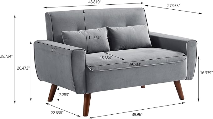 48 Small Loveseat Sofa Modern Linen Fabric Love Seat Couch Upholstered 2-Seat Sofa with 2 Pillows and Wood Legs for Living Room Apartment Bedroom and Small SpacesLightGrey