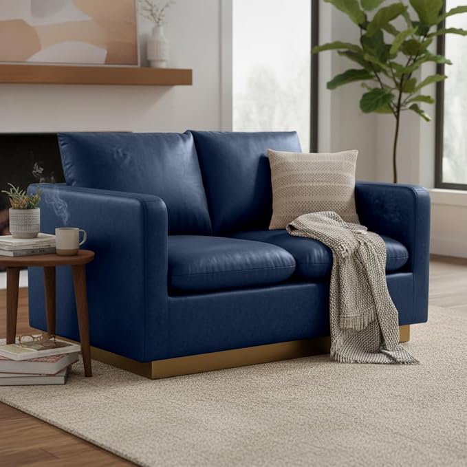 LeisureMod Nervo Modern Upholstered Leather Loveseat Sofa 2-Seater Living Room Couch with Gold Metal Base and Removable Cushions Small Space Furniture for Living Room Office Navy Blue