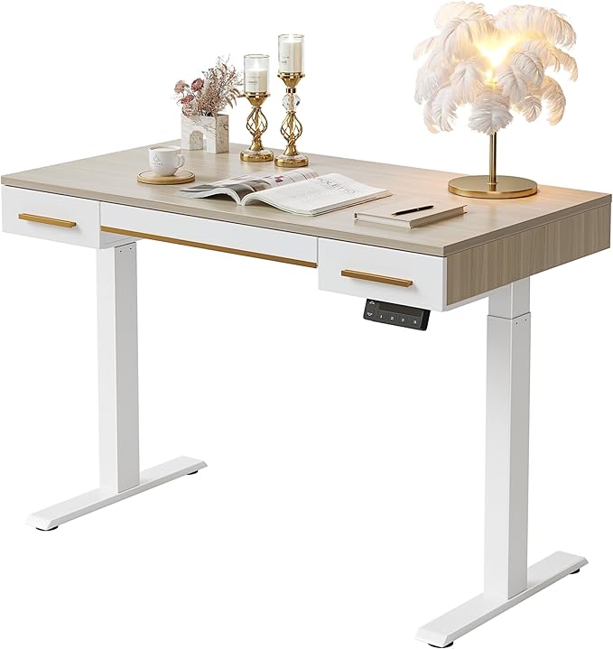 FEZIBO 48 x 26 Inches Electric Standing Desk with 3 Drawers Whole-Piece Mid-Century Modern Sit Stand Up Home Office Desks White Top with White Frame (2 Packages)