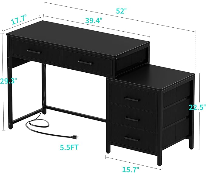 Unikito Reversible Computer Desk with 5 Drawers Sturdy Office Desk with Power Outlets and USB Ports Corner Writing Table with File Cabinet &amp Printer Stand Vanity Desk with Storage Black