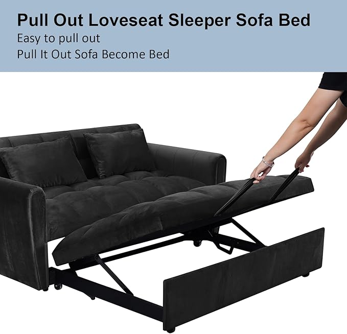 64.9 Velvet Convertible Sofa Bed 3-in-1 Sleeper Loveseat with Adjustable Backrest &amp Soft Armerest Modern Futon for Small Spaces Apartment Living Room Office (Black)