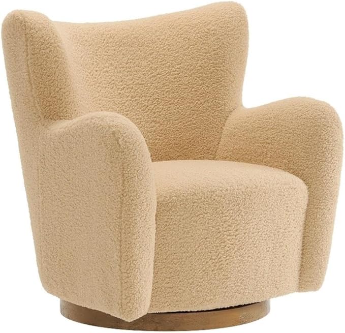 Modway Montrose Swivel Wingback Accent Chair in Ivory Walnut Sherpa Teddy Fabric – Modern Furry Barrel Chair with 360-Degree Swivel Base – Soft and Comfy Living Room Chair