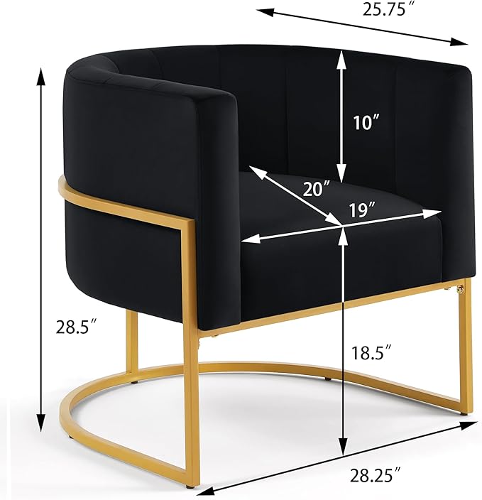 Modern Velvet Accent Chair - Metal Base Linen Upholstery 28 W Contemporary Lounge Chair for Living Room Easy Assembly Included (Black + Velvet + Foam)