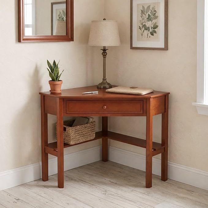 Ellen Wood Small Corner Desk with Wooden Knob Storage Drawer and Shelf – Compact Computer Table for Home Office Bedroom or Study Cherry