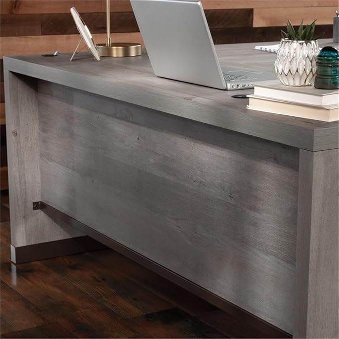 Pemberly Row Modern L-Shaped Engineered Wood Desk Mystic Oak Finish Metal Accents Lockable File Drawer Spacious Home Office Workspace Safety Certified for Durability and Performance
