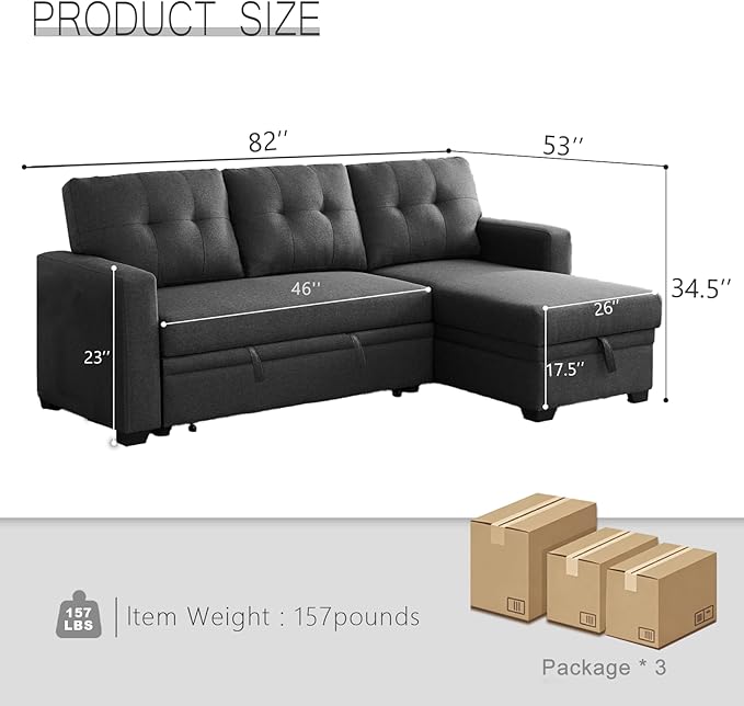 Dreamzie L Shaped Sectional Sleeper Sofa with Storage Chaise 3 Seater Pull Out Couch for Living Room Convertible Sofa Bed Couch for Apartment Office - Dark Grey | Linen